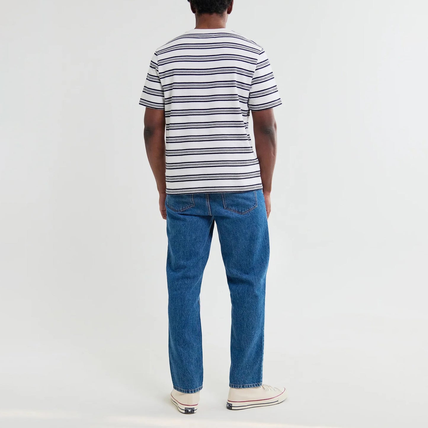Dean SS Tee, Thin Textured Stripe - Ecru / Navy
