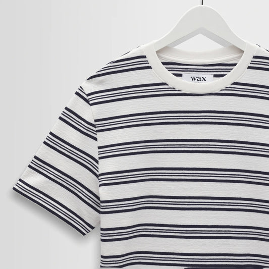 Dean SS Tee, Thin Textured Stripe - Ecru / Navy
