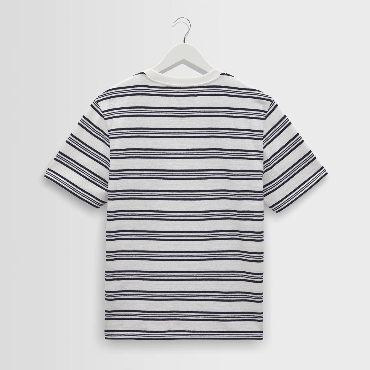 Dean SS Tee, Thin Textured Stripe - Ecru / Navy