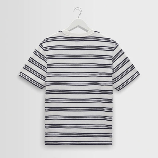 Dean SS Tee, Thin Textured Stripe - Ecru / Navy