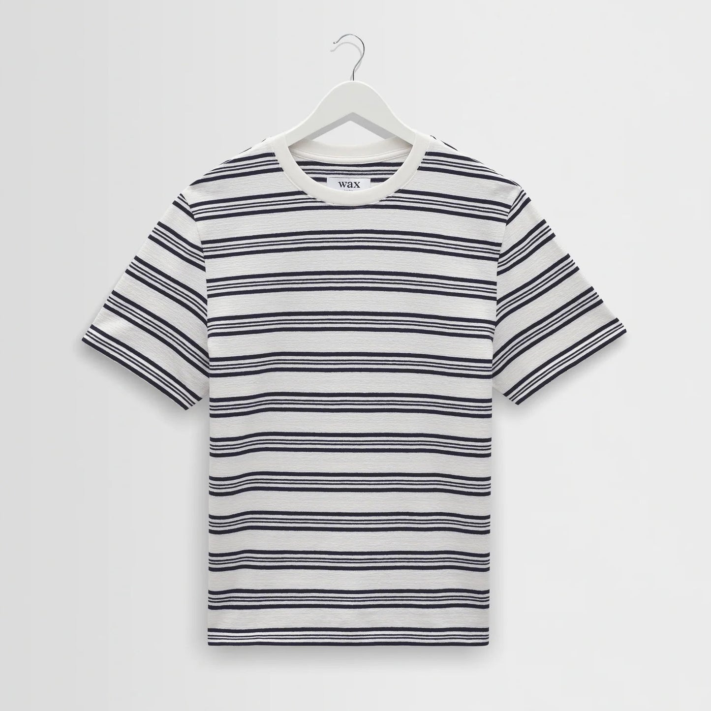 Dean SS Tee, Thin Textured Stripe - Ecru / Navy