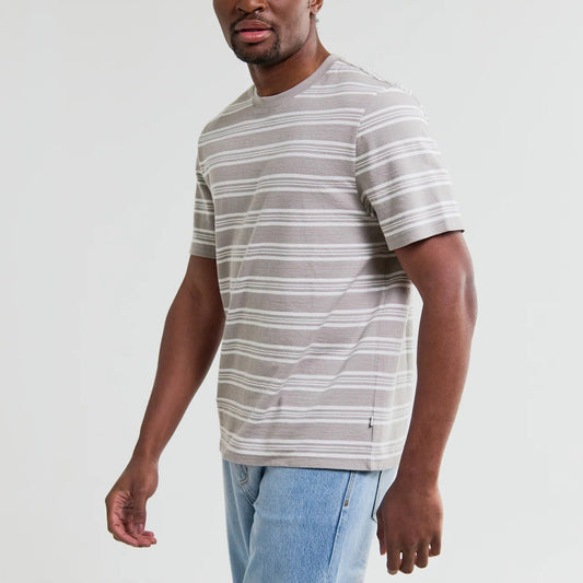 Dean SS Tee, Thin Textured Stripe - Taupe / Ecru