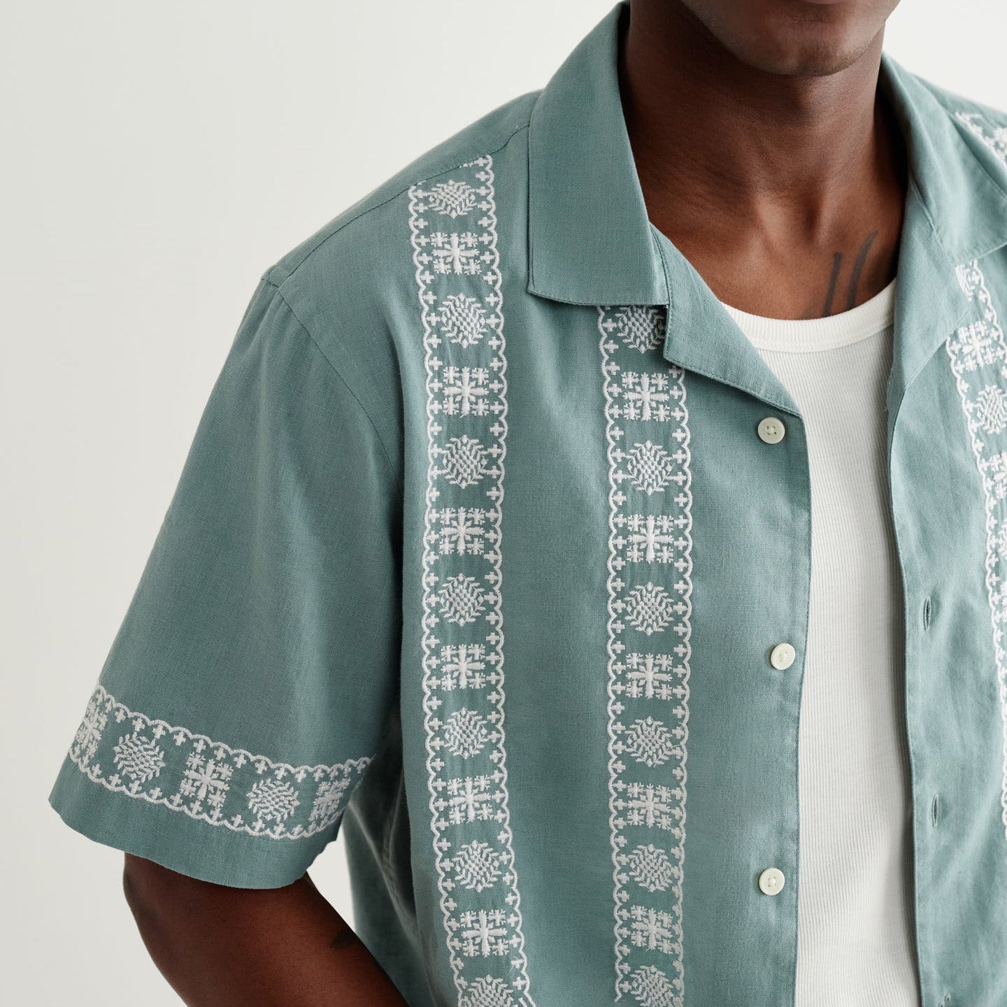 Didcot SS Shirt, Placement Border - Sea Green / Ecru