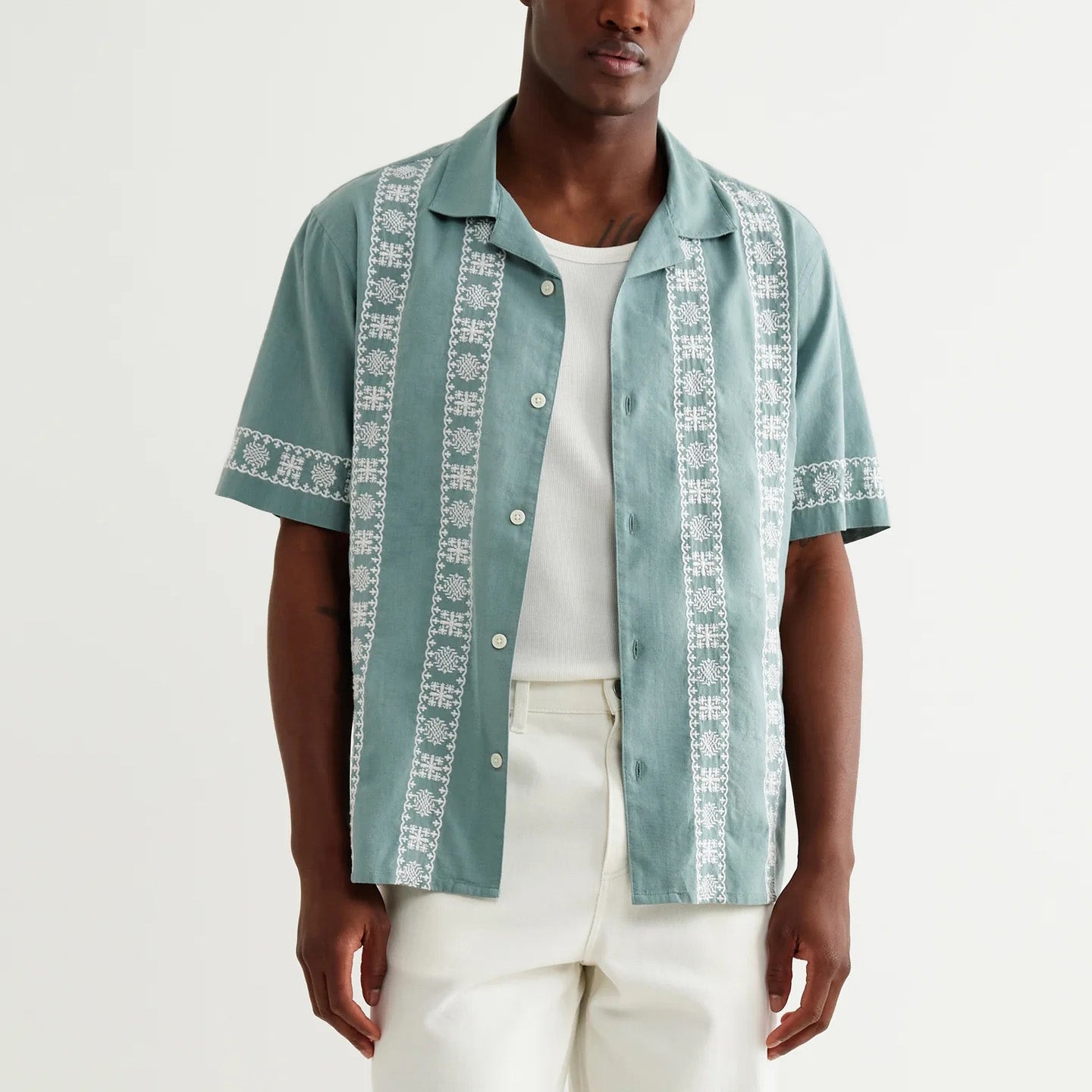 Didcot SS Shirt, Placement Border - Sea Green / Ecru