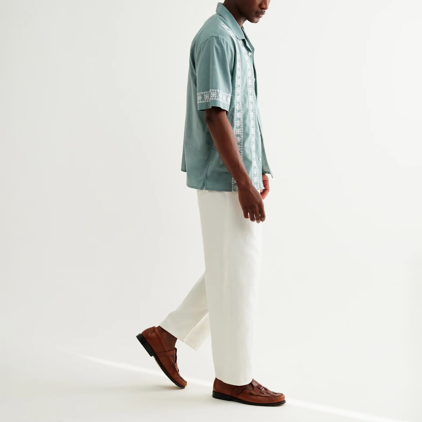 Didcot SS Shirt, Placement Border - Sea Green / Ecru