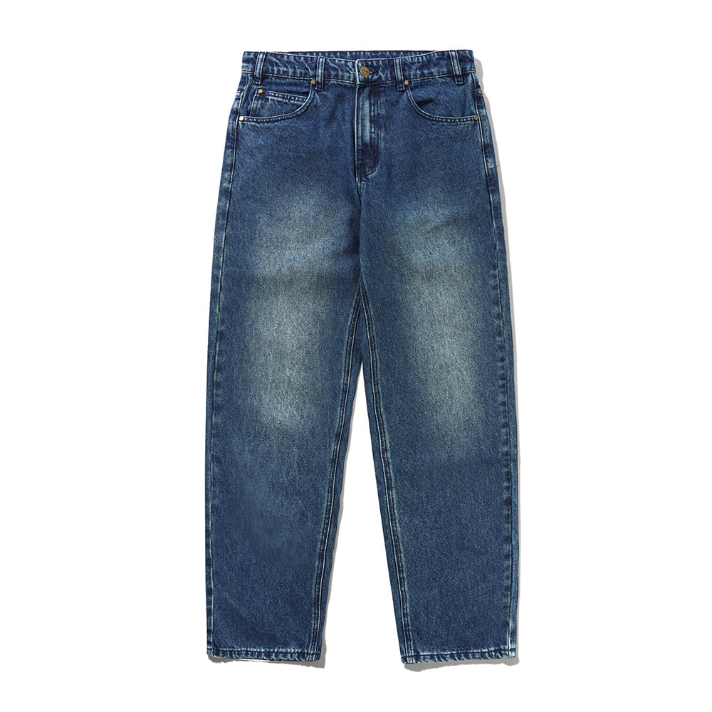 Straight Leg Denim Jeans - Distressed Indigo