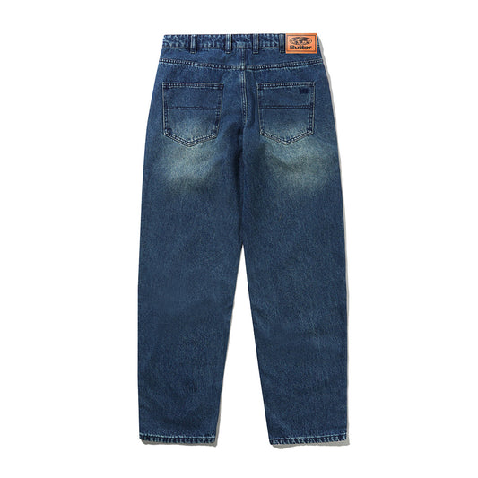 Straight Leg Denim Jeans - Distressed Indigo