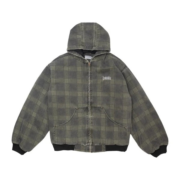 Hooded Quilted Denim Jacket - Green Plaid